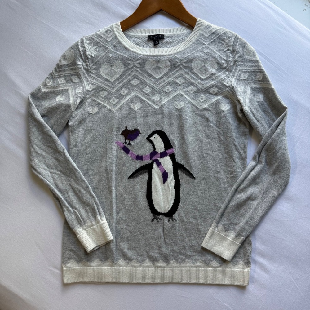 Talbots Petite Gray Penguin Fair Isle Heart Snowflake Sweater P Small Holiday